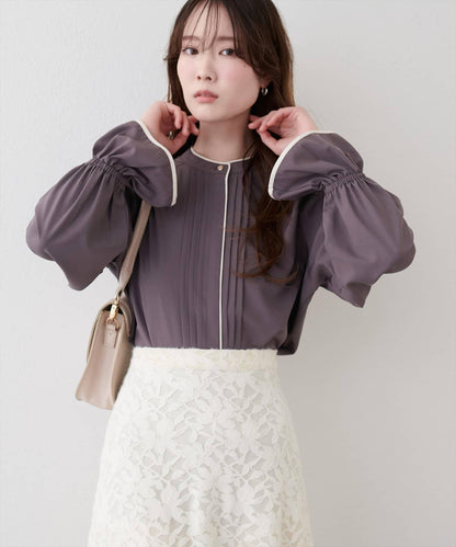 拼色滾邊褶皺女襯衫