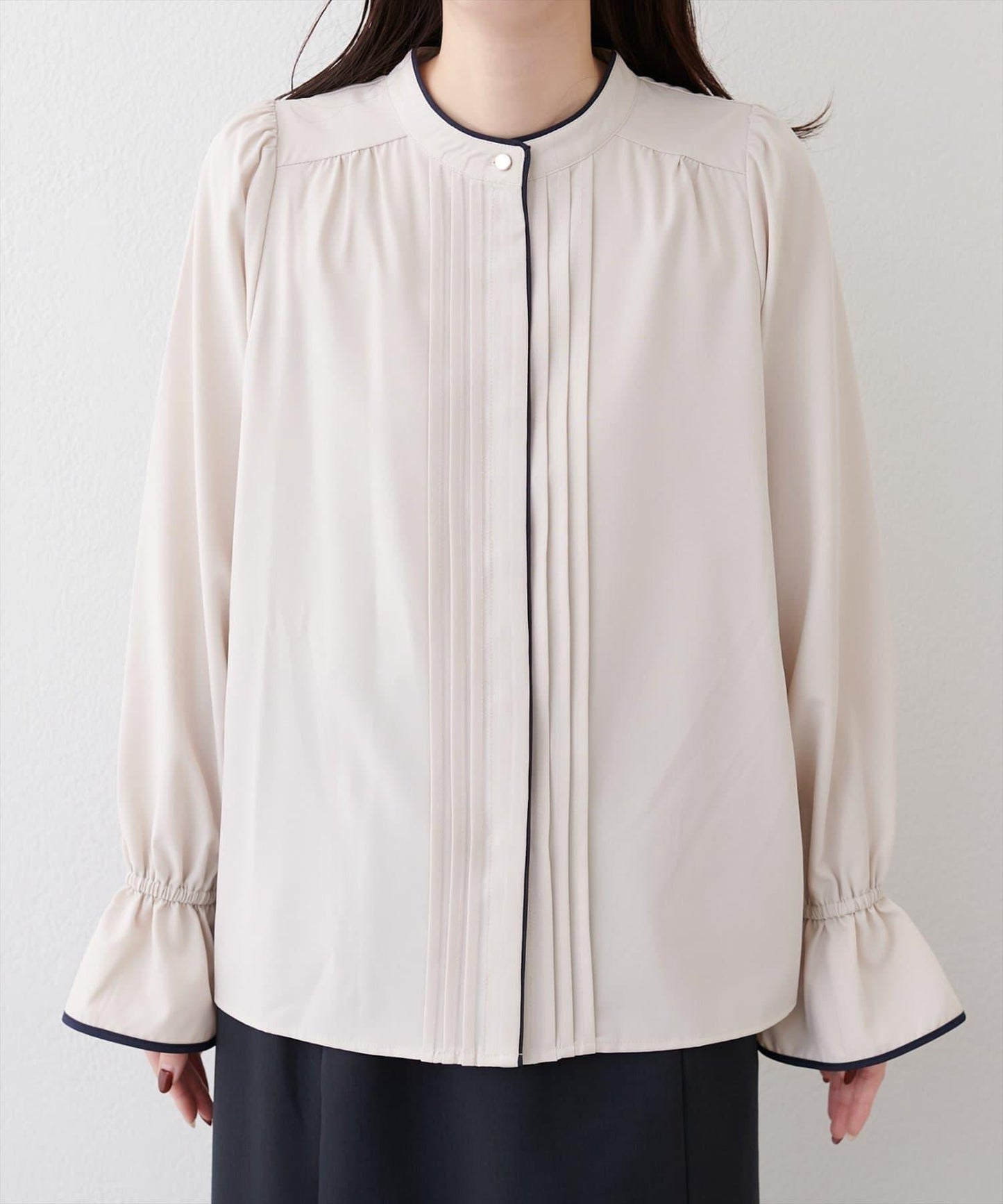 拼色滾邊褶皺女襯衫