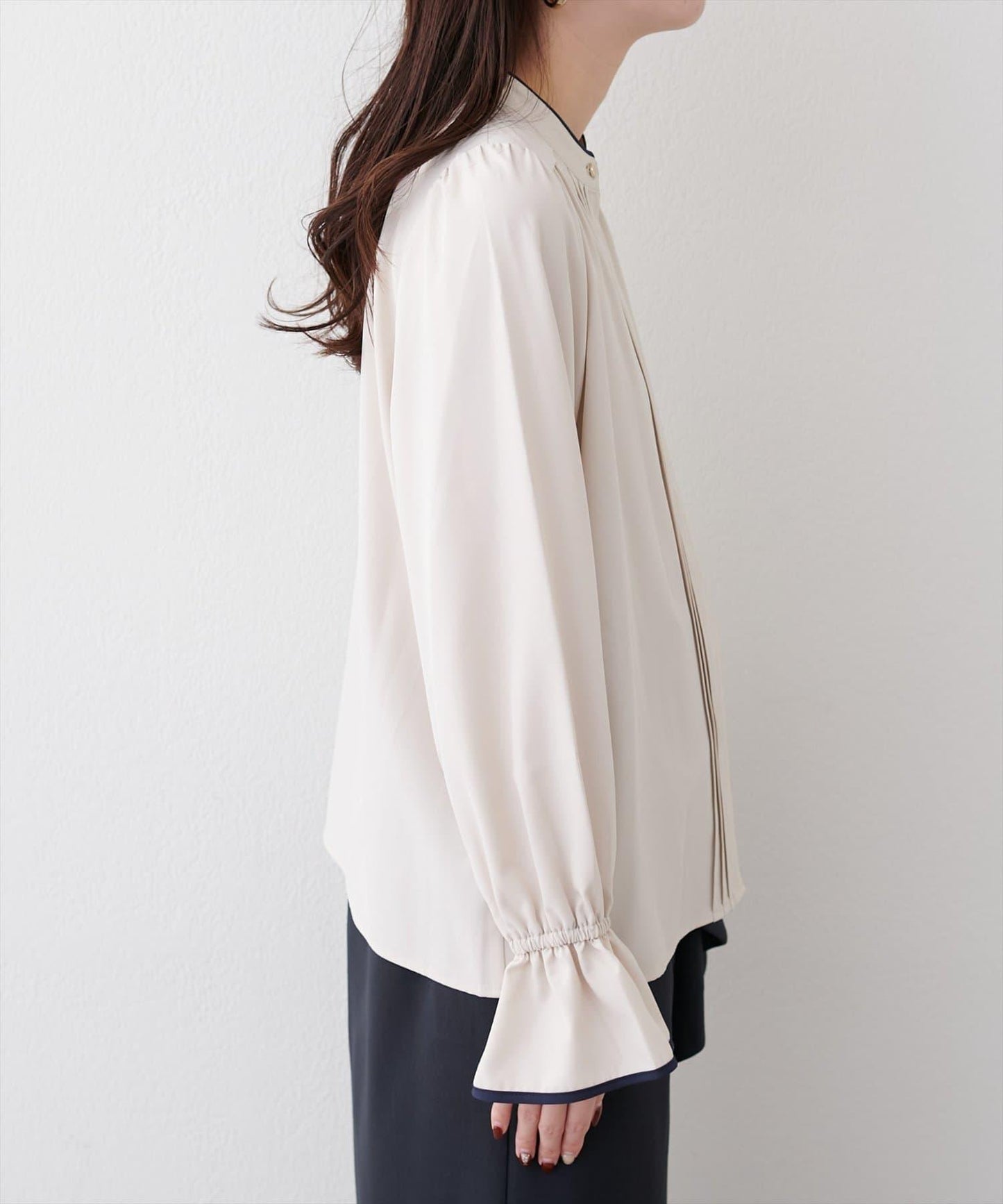 拼色滾邊褶皺女襯衫