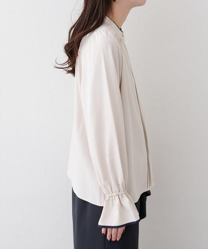 拼色滾邊褶皺女襯衫
