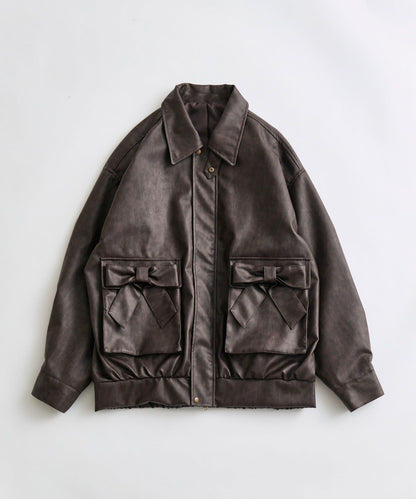 蝴蝶結口袋環保皮夾克