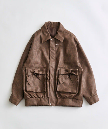 蝴蝶結口袋環保皮夾克