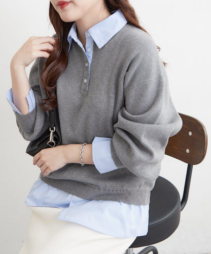 【nane/】《一件穿出時尚感》襯衫拼接針織衫