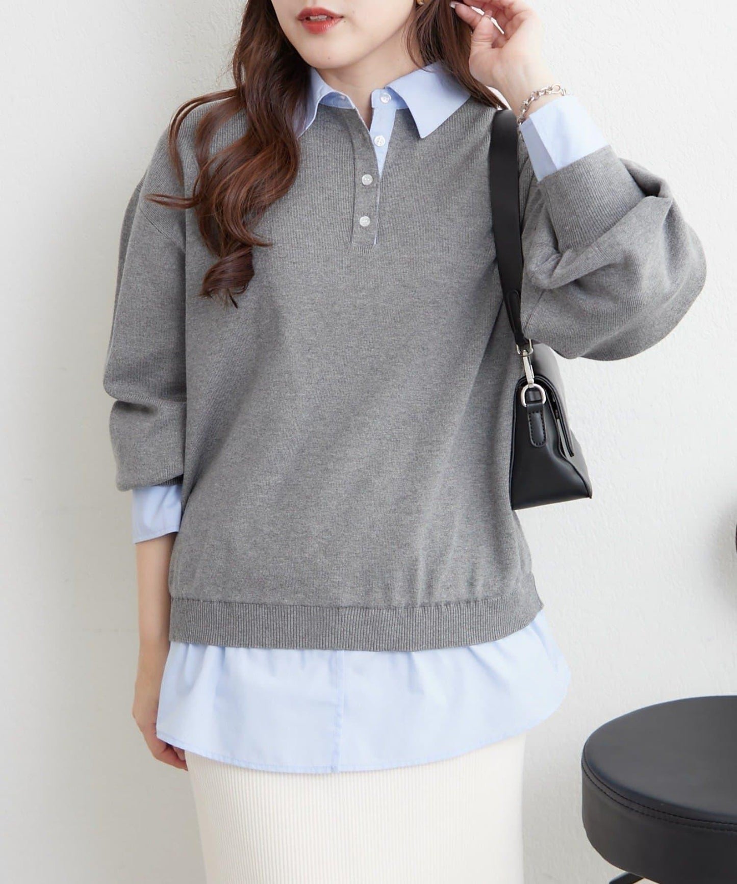 【nane/】《一件穿出時尚感》襯衫拼接針織衫