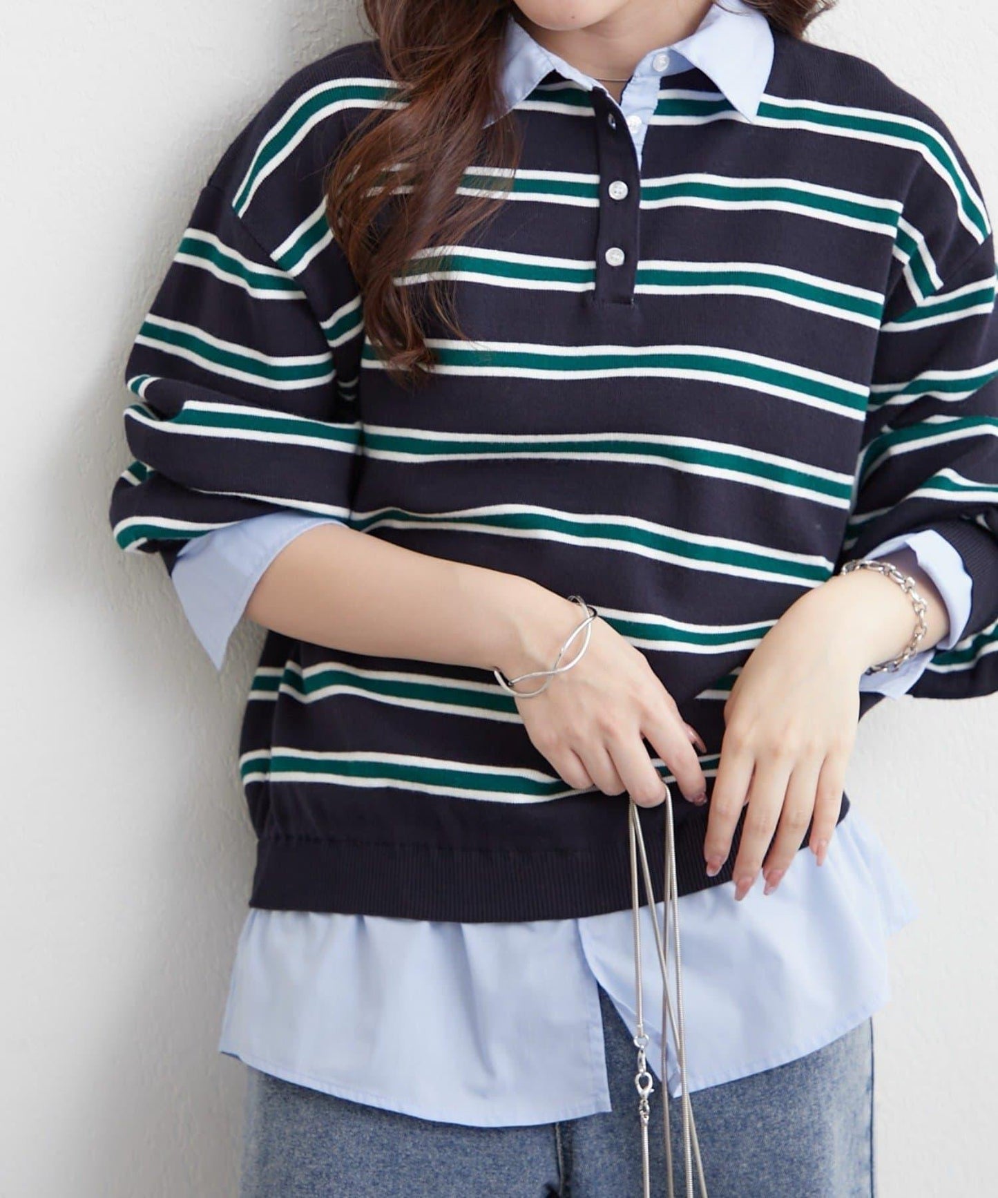 【nane/】《一件穿出時尚感》襯衫拼接針織衫