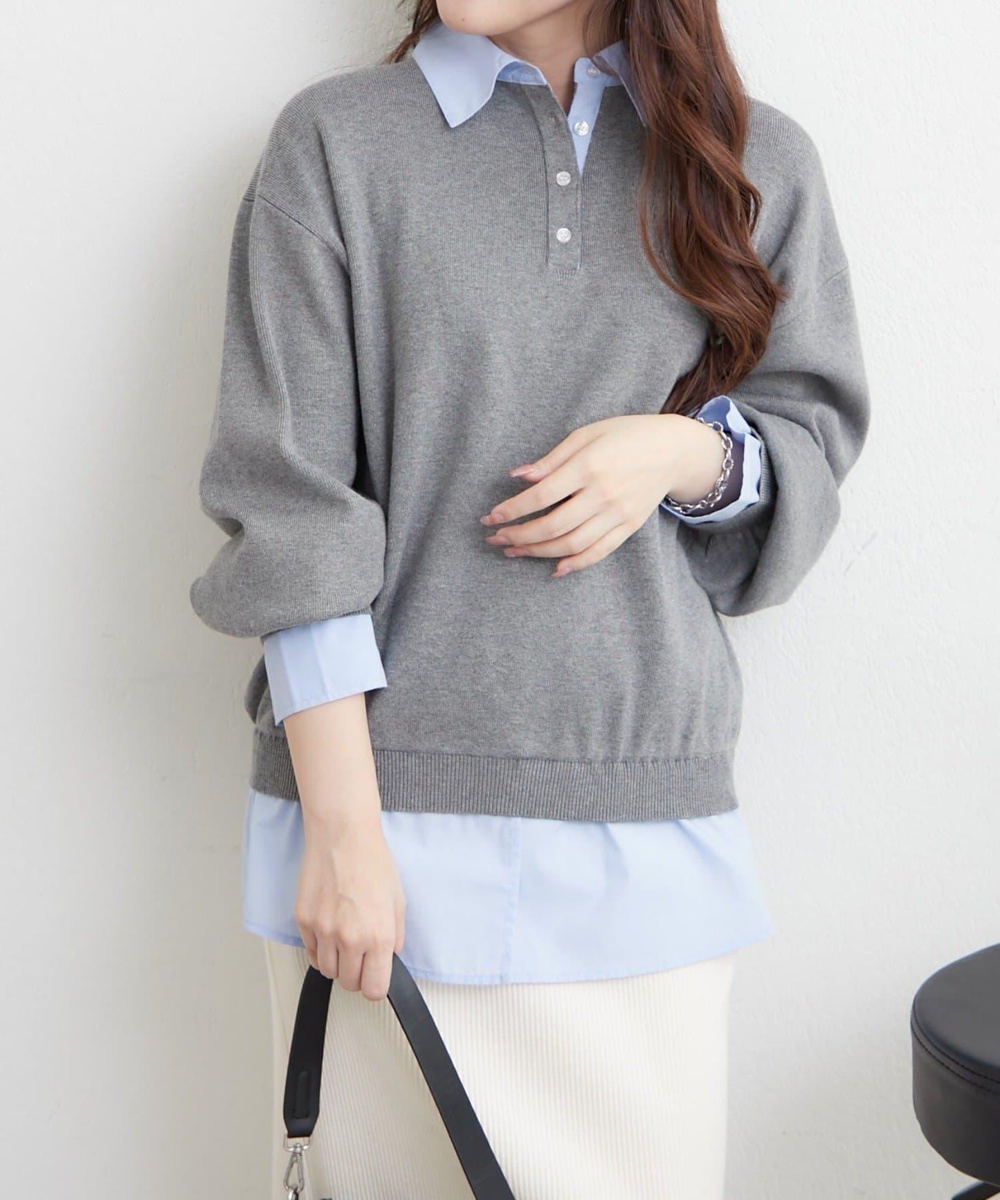 【nane/】《一件穿出時尚感》襯衫拼接針織衫