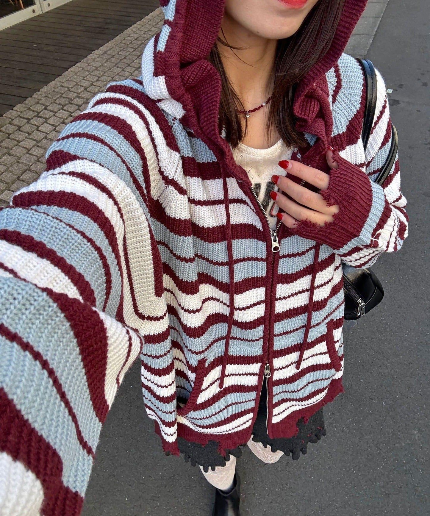 拼色條紋雙拉鍊針織連帽衫