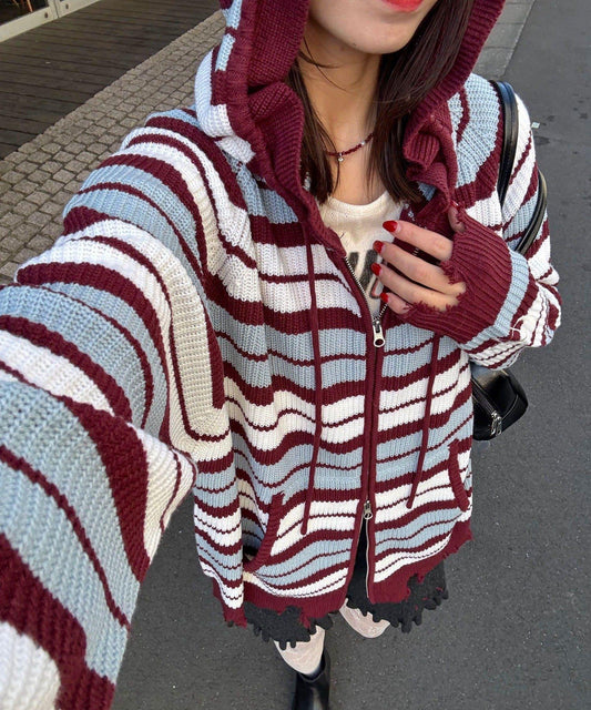 拼色條紋雙拉鍊針織連帽衫