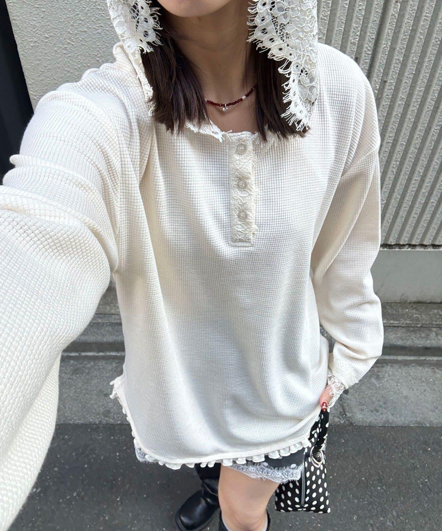 蕾絲拼接華夫格長袖T恤