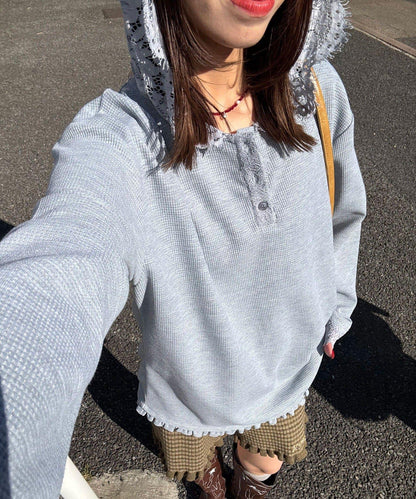 蕾絲拼接華夫格長袖T恤