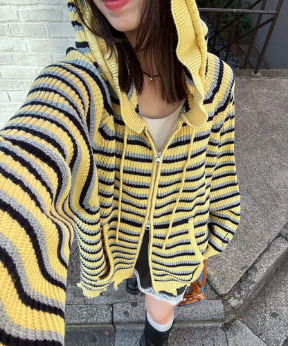 拼色條紋雙拉鍊針織連帽衫