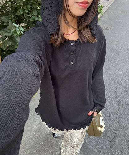 蕾絲拼接華夫格長袖T恤