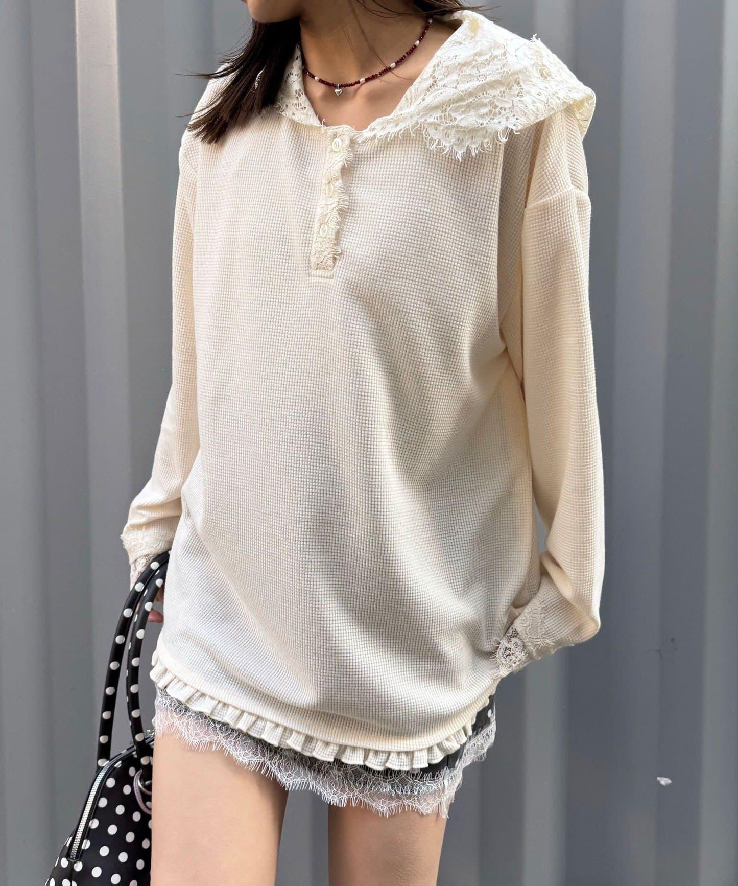 蕾絲拼接華夫格長袖T恤
