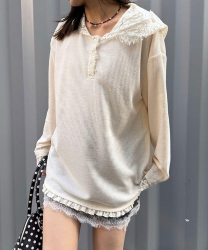 蕾絲拼接華夫格長袖T恤