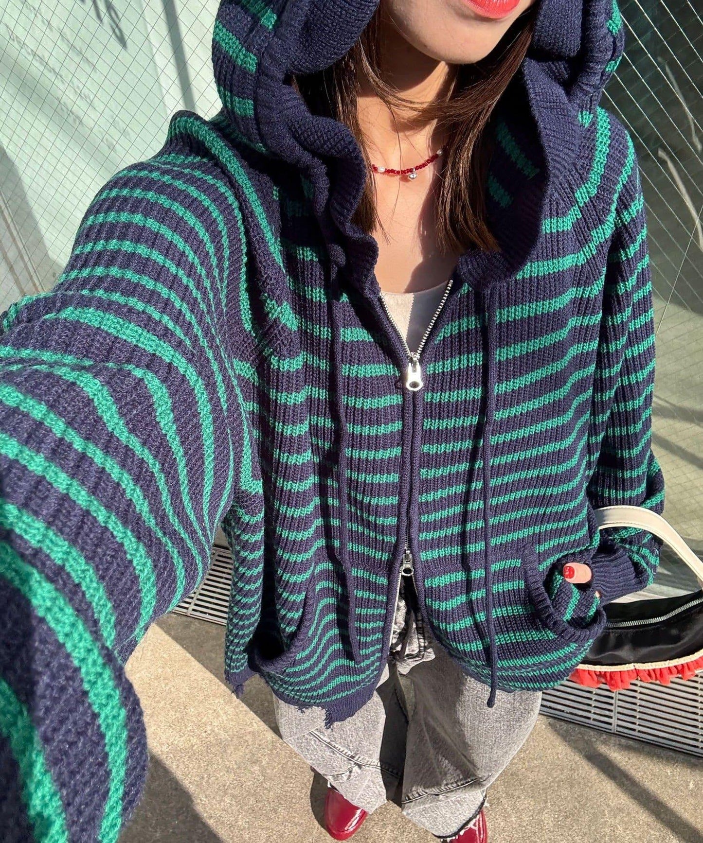 拼色條紋雙拉鍊針織連帽衫