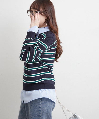 【nane/】《一件穿出時尚感》襯衫拼接針織衫