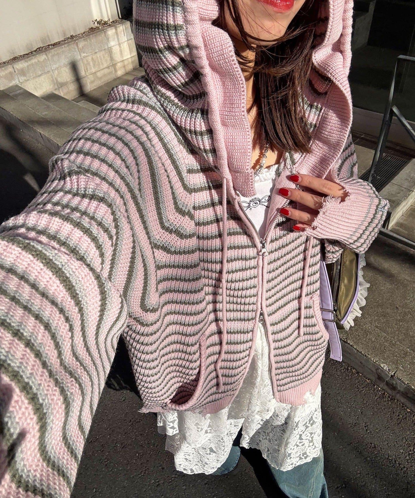 拼色條紋雙拉鍊針織連帽衫