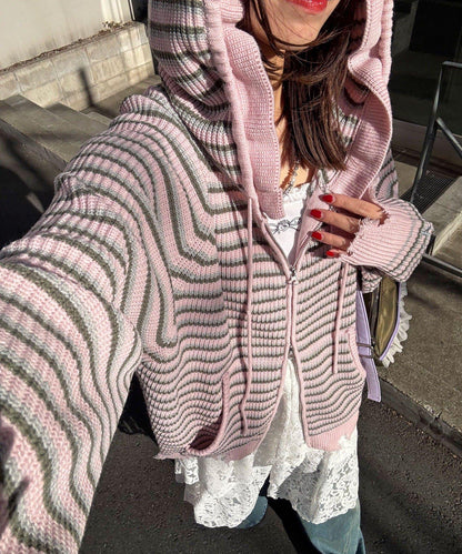 拼色條紋雙拉鍊針織連帽衫