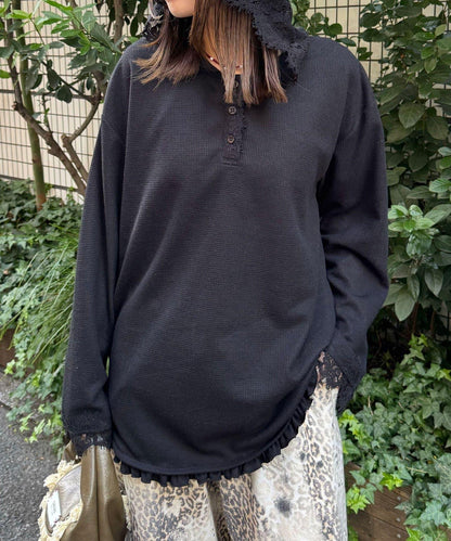 蕾絲拼接華夫格長袖T恤