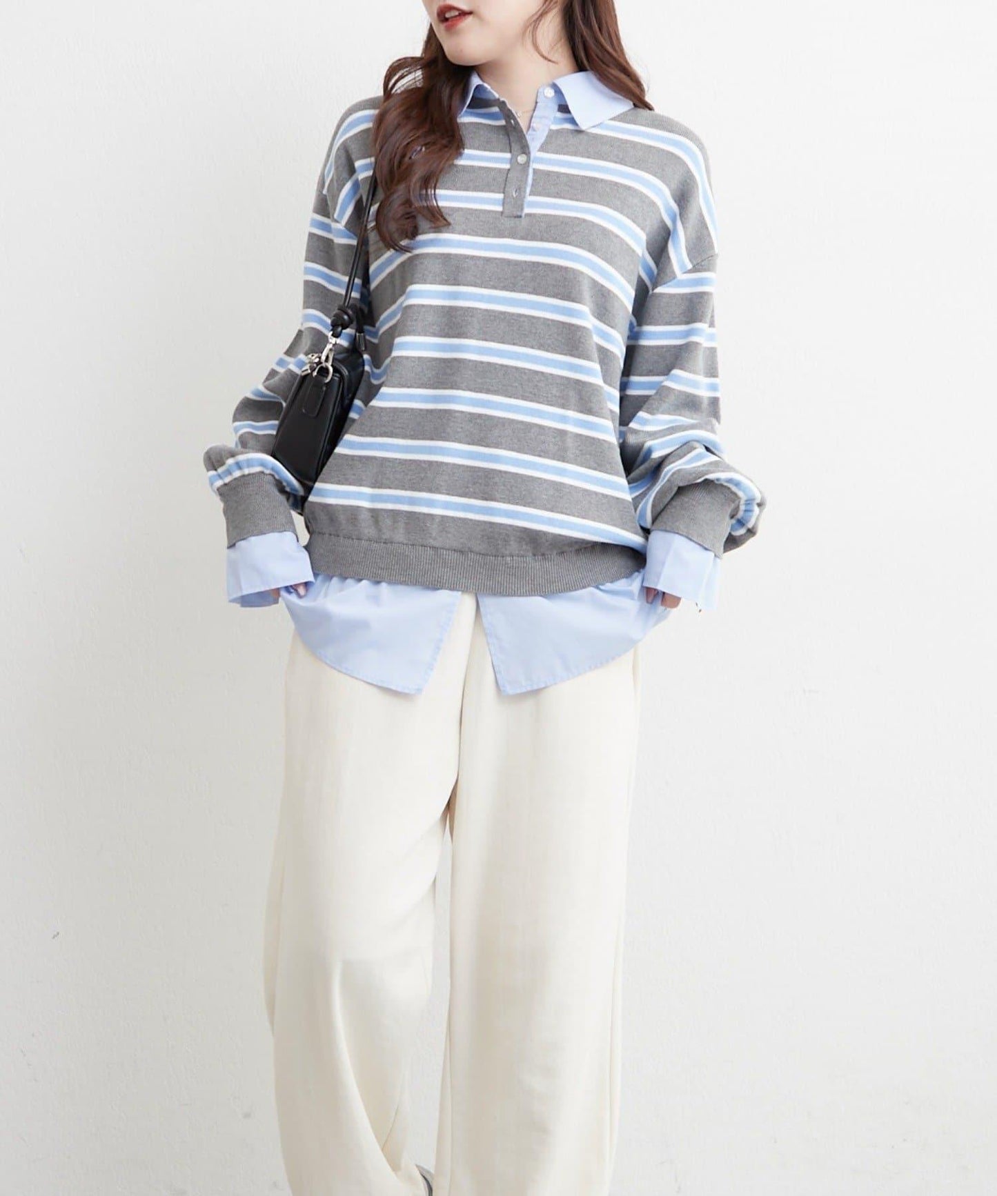 【nane/】《一件穿出時尚感》襯衫拼接針織衫