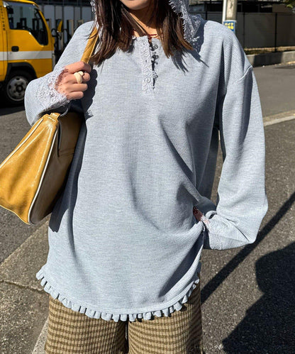 蕾絲拼接華夫格長袖T恤