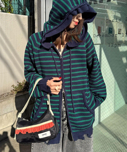 拼色條紋雙拉鍊針織連帽衫