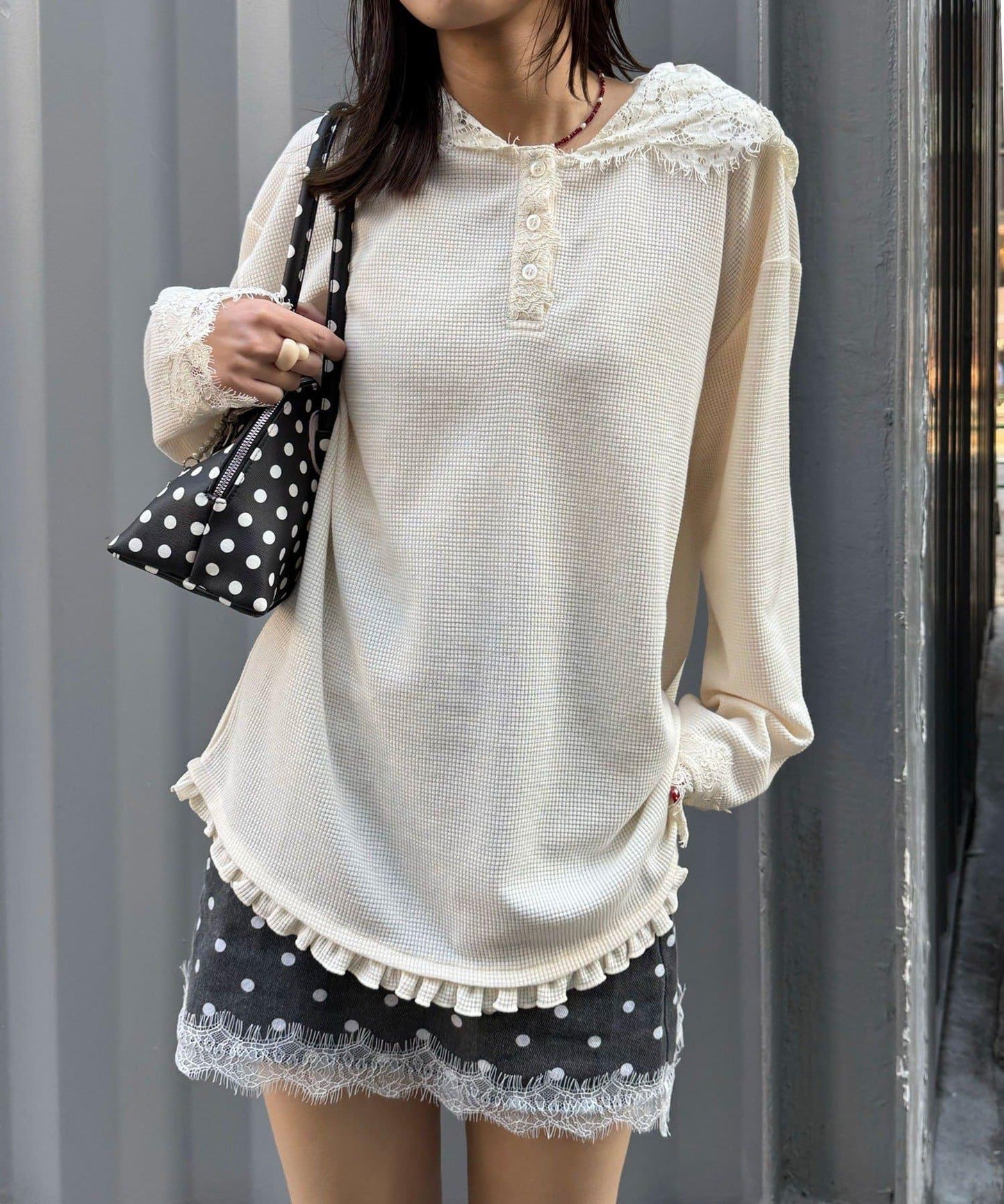 蕾絲拼接華夫格長袖T恤