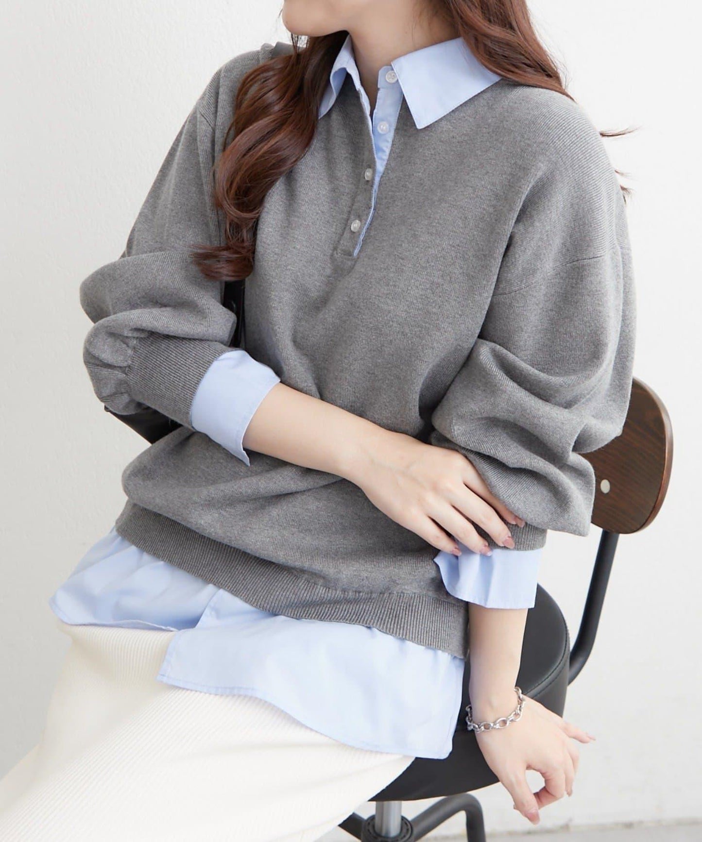 【nane/】《一件穿出時尚感》襯衫拼接針織衫