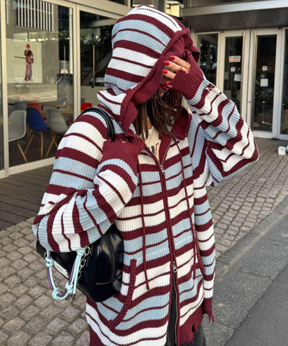 拼色條紋雙拉鍊針織連帽衫