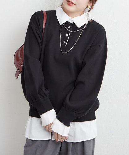 【nane/】《一件穿出時尚感》襯衫拼接針織衫