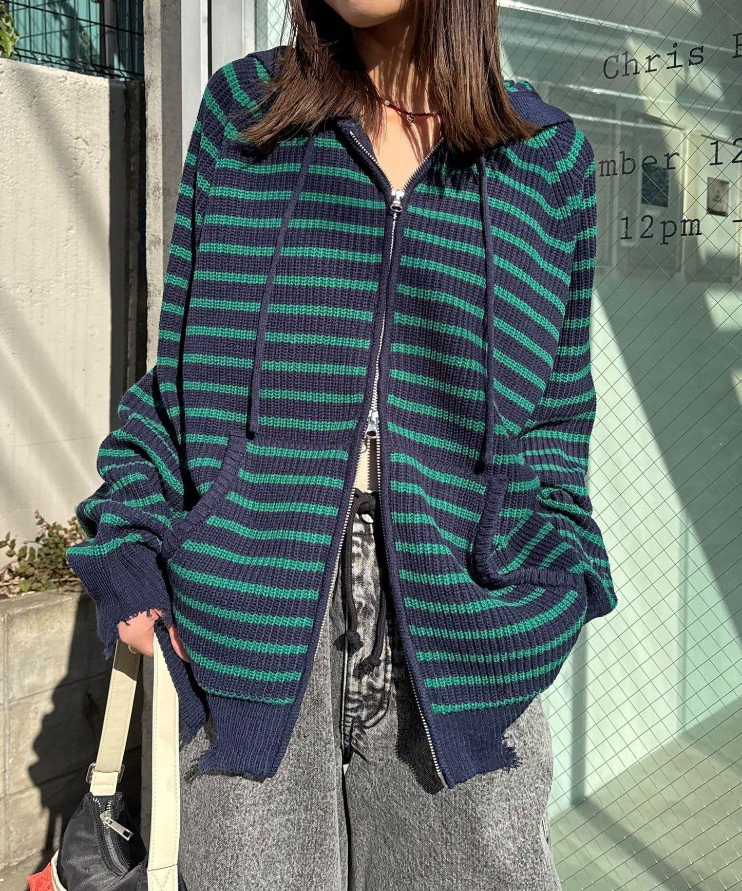 拼色條紋雙拉鍊針織連帽衫