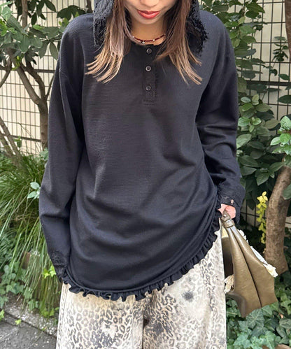 蕾絲拼接華夫格長袖T恤