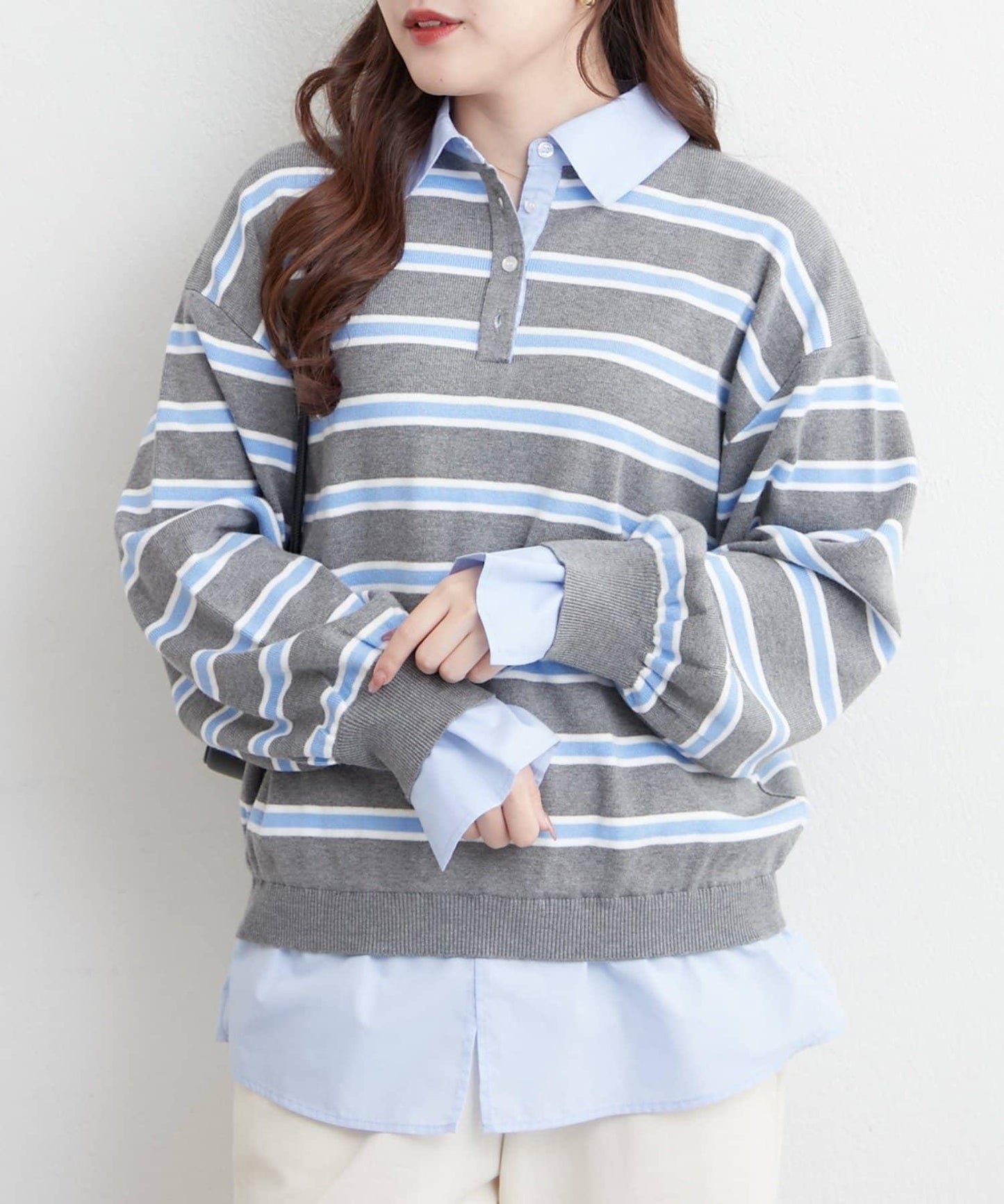 【nane/】《一件穿出時尚感》襯衫拼接針織衫