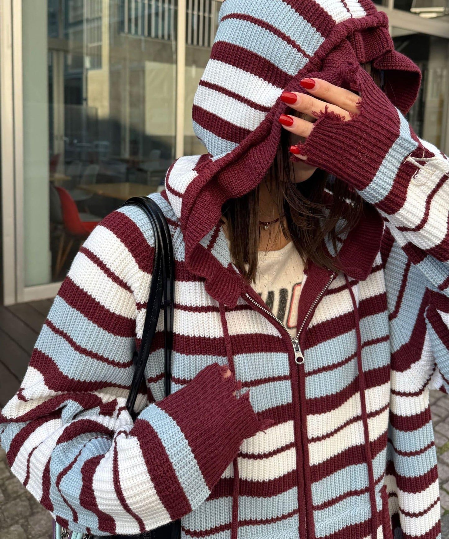 拼色條紋雙拉鍊針織連帽衫