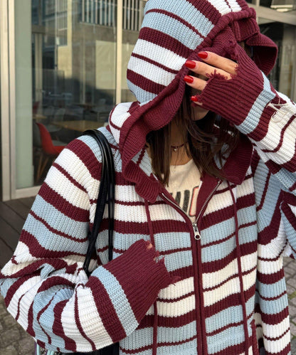 拼色條紋雙拉鍊針織連帽衫