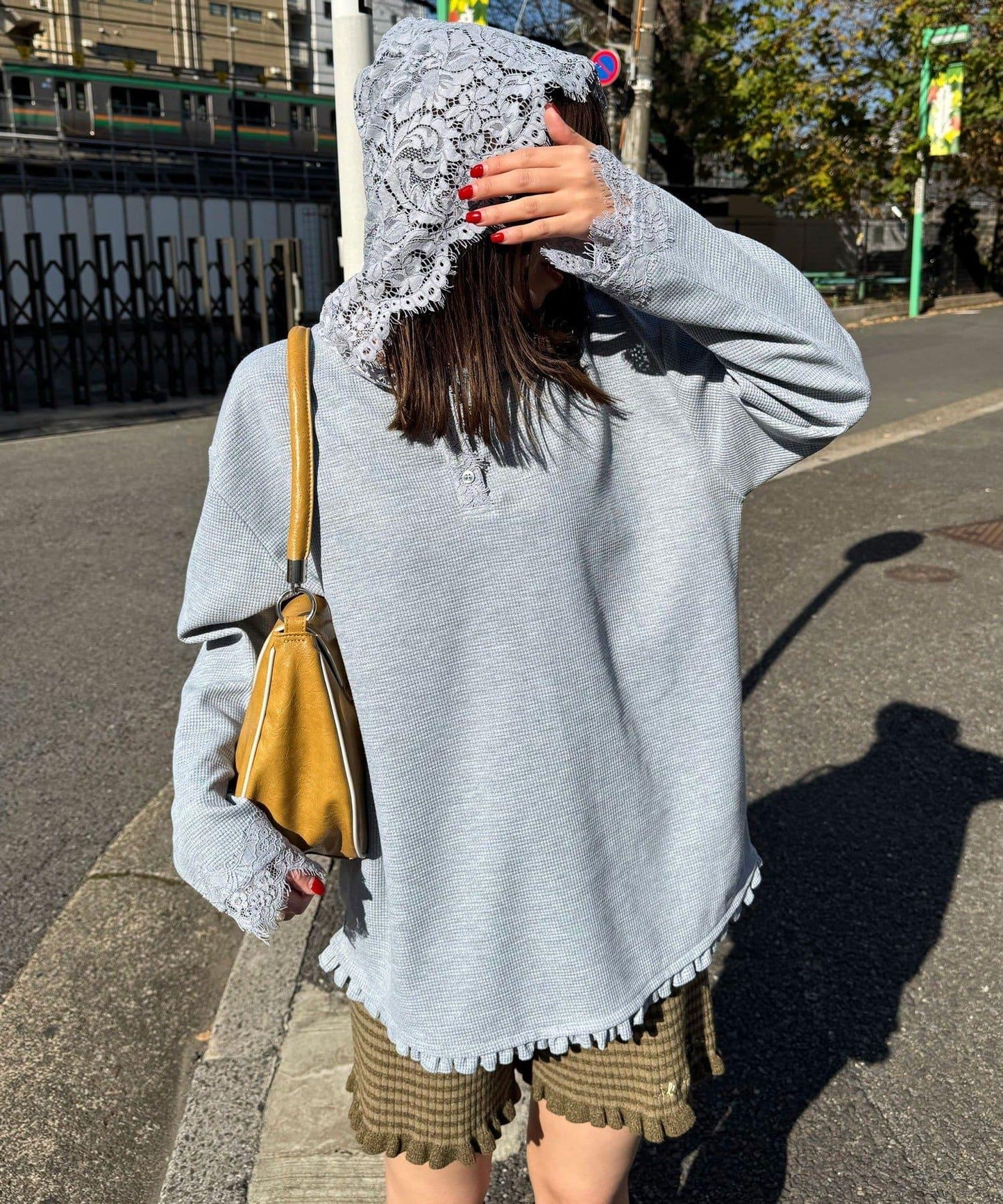 蕾絲拼接華夫格長袖T恤