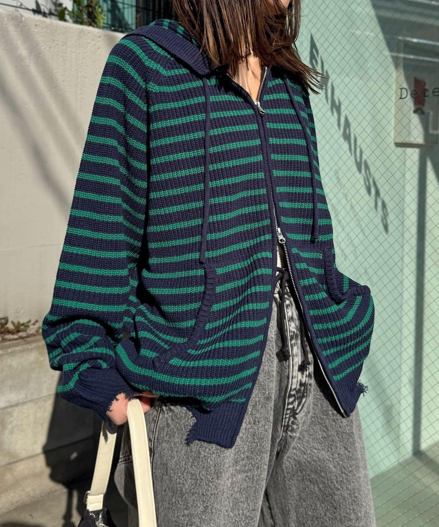 拼色條紋雙拉鍊針織連帽衫