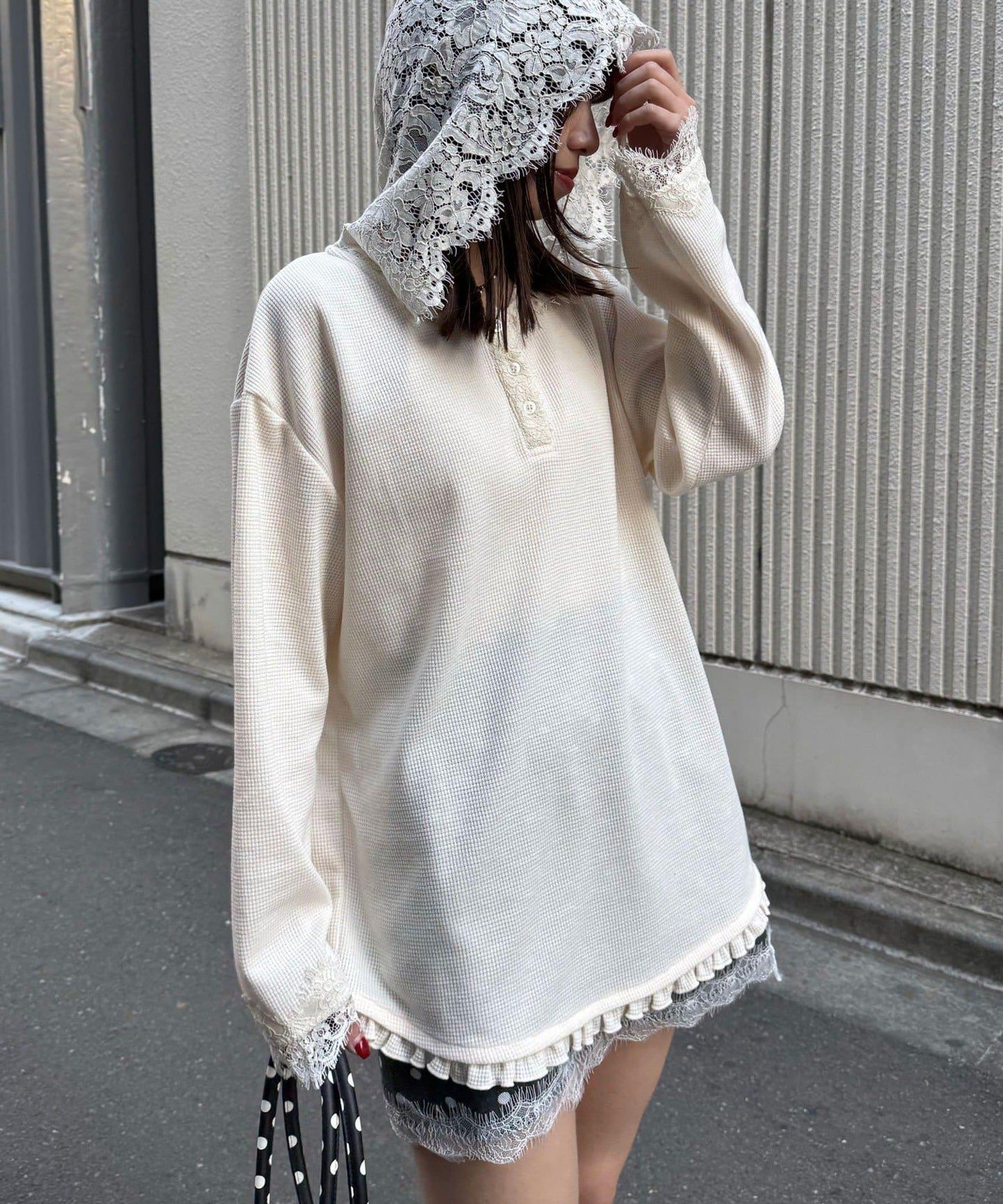 蕾絲拼接華夫格長袖T恤