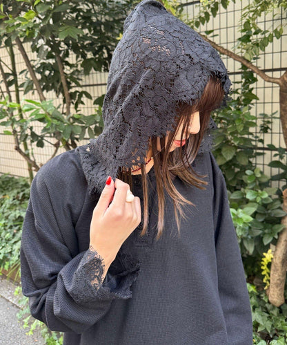 蕾絲拼接華夫格長袖T恤