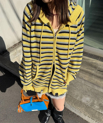 拼色條紋雙拉鍊針織連帽衫