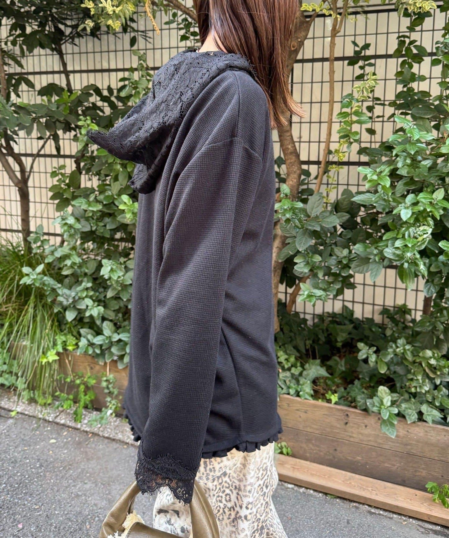 蕾絲拼接華夫格長袖T恤