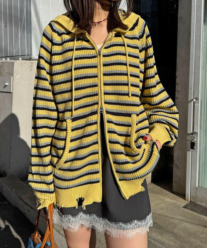 拼色條紋雙拉鍊針織連帽衫