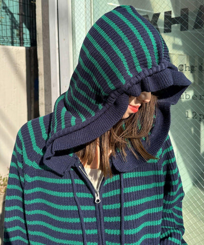 拼色條紋雙拉鍊針織連帽衫