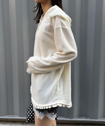 蕾絲拼接華夫格長袖T恤