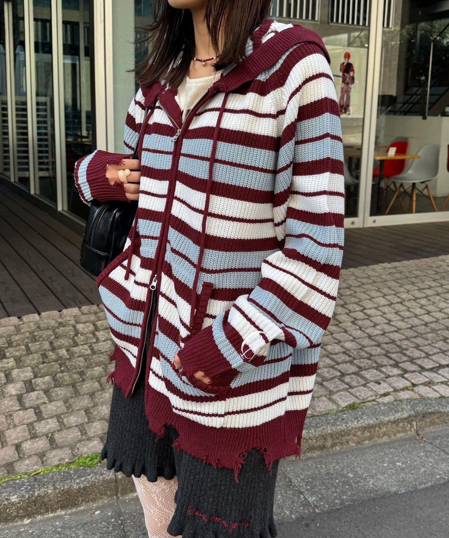 拼色條紋雙拉鍊針織連帽衫