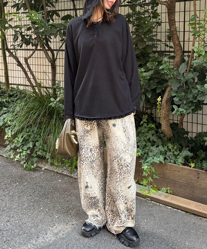 蕾絲拼接華夫格長袖T恤