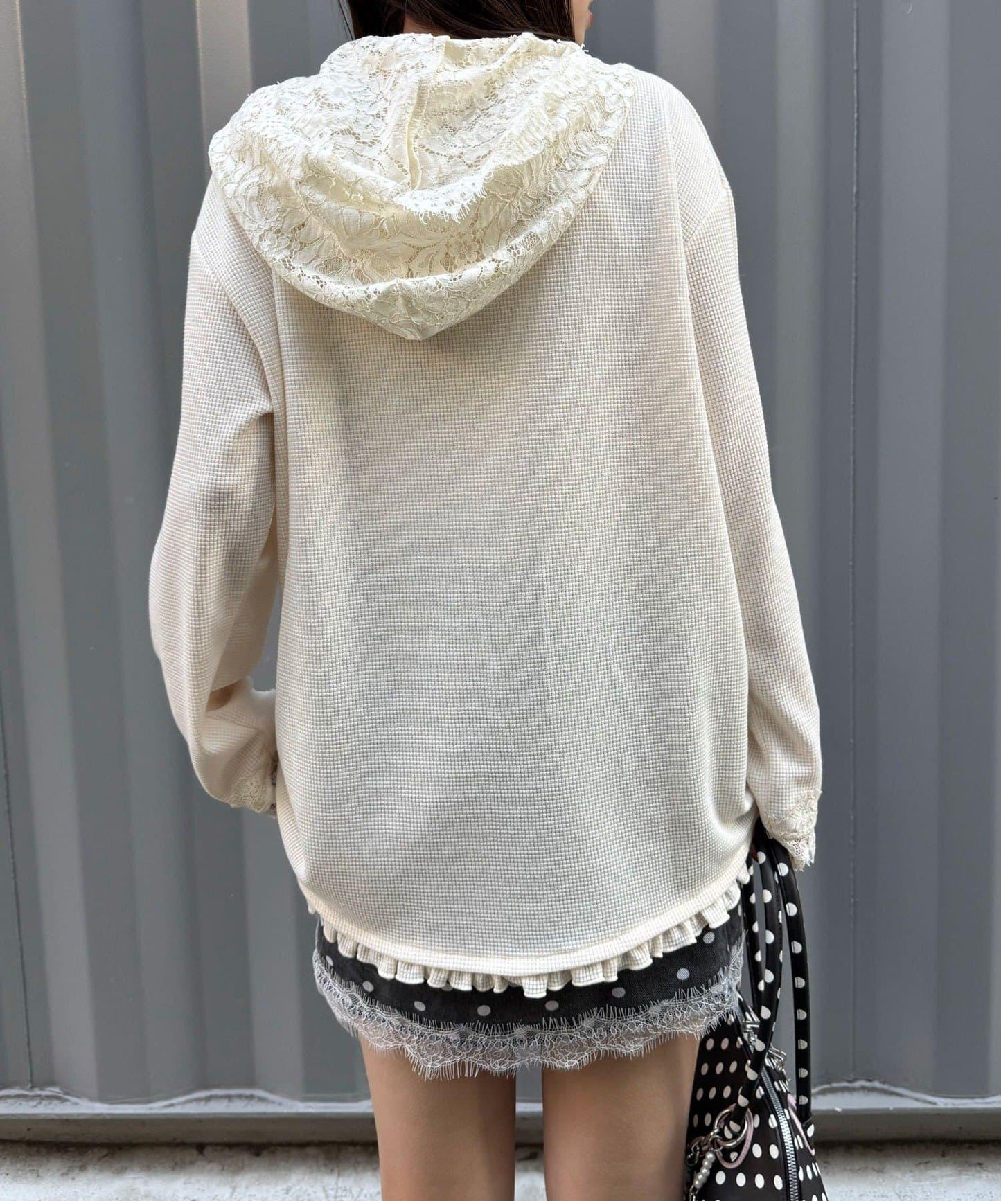 蕾絲拼接華夫格長袖T恤