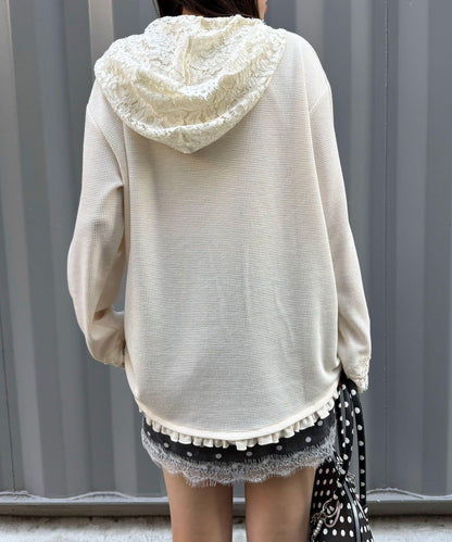 蕾絲拼接華夫格長袖T恤