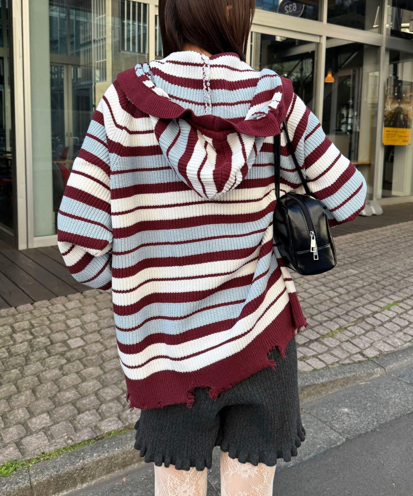 拼色條紋雙拉鍊針織連帽衫