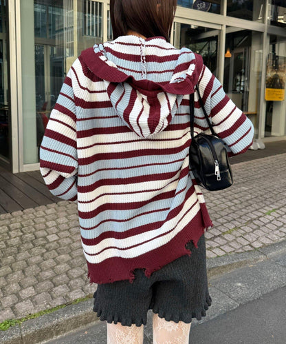 拼色條紋雙拉鍊針織連帽衫